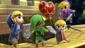 Four Toon Links surround a Heart Container in Ultimate.