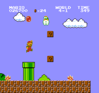 Mario running past a Lakitu and Spinies in Super Mario Bros..