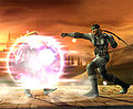 Zero Suit Samus shields to defend herself against Snake's attack.