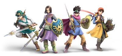 Official artwork showing the heroes from Dragon Quest XI, III, IV, and VIII.