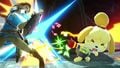 Isabelle attacking Link with her forward smash on the stage.