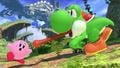 Yoshi launching his tongue at a shrunken Kirby on the stage.