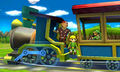 Alfonzo acting as driver the train while Toon Link is in battle. Note that Link's colors resemble Melee's rather than Brawl's.