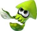 A green team Inkling in squid form.