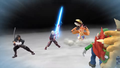 Shulk, Dunban, and Riki using the Chain Attack on Luigi and Bowser in his trailer.