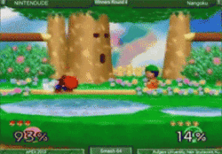 Double jump landing performed by Nangoku in Smash 64, followed by him quickly attacking Nintendude.