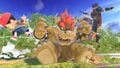 Bowser using Bowser Bomb against Ness and Ike on the stage.