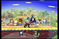 Falco platform cancelling a footstool jump to combo into a turnaround laser lock.