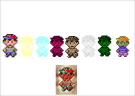 Classic Ness and his palette swaps in my fangame. The 9th one kinda looks bloody though.