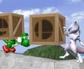 Carrying a crate with Yoshi on Corneria.