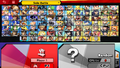 The character selection screen in Super Smash Bros. Ultimate with all of the characters unlocked and all DLC characters purchased.