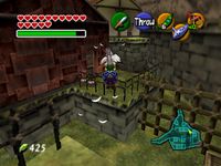 Link using a Cucco to fly in Ocarina of Time.