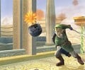 Link throwing his bomb forwards on the lower platform.
