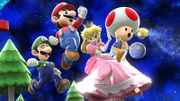 Mario, Luigi, and Peach in Mario Galaxy, the latter of whom is using her Toad attack.