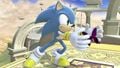 Sonic with one of Bayonetta's butterflies on the stage.