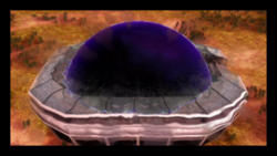 The explosion of a Subspace Bomb engulfs Midair Stadium in Zelda Taken/Peach Taken cutscene in The Subspace Emissary of Super Smash Bros. Brawl.