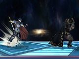 Marth's forward smash about to collide with Ganondorf's forward smash.