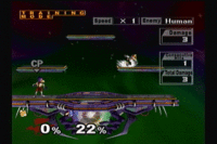 Fox using wavelanded laser against Falco in Melee.