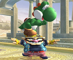 Yoshi performing a footstool jump.