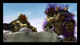 Bowser, false Bowser, and a trophified Peach in Bowser's Surprise Attack on Peach cutscene in The Subspace Emissary of Super Smash Bros. Brawl.