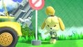 Isabelle using her up smash in front of Kapp'n on the stage.