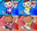 The two cut villager costumes (top) and the final costumes (bottom).