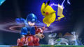 Pikachu alongside Mega Man as he uses Rush Coil.