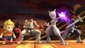 Mewtwo, Lucas, Roy, and Ryu on Suzaku Castle, as seen in Fighter Bundle #1.