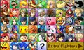 The character selection screen's first page in Super Smash Bros. for Nintendo 3DS with all characters unlocked. DLC characters are placed on a second page, as noted by the arrow.