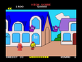 The town level as it originally appeared in Pac-Land. A fire hydrant can also be seen.