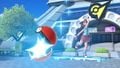 The female trainer throwing a Poké Ball on the stage.