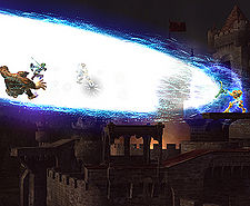 Samus Aran uses her Final Smash, Zero Laser, in Super Smash Bros. Brawl.