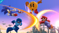Pac-Man, Mario, Sonic, and Mega Man fighting on Battlefield.