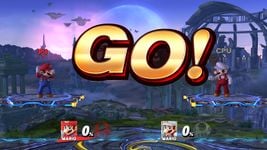 The announcer giving the "GO!" signal to officially begin the match at Battlefield in Super Smash Bros. for Wii U with Mario.