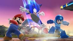 Mario, Sonic, and Mega Man on Battlefield in SSB4 for Wii U.