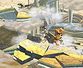 Link, Pit and Samus breaking the stone platforms.