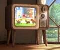 Television screen showing a Nintendog and two cats wearing Mario, Luigi and Toad hats.