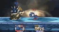 Yoshi fakes out Bowser by running up to him, then uses a Dragonic Reverse to slide in front of him to punish Bowser's landing with a forward smash.