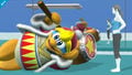 King Dedede crouching in front of Wii Fit Trainer...