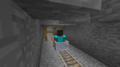 Steve riding a minecart in an underground Mineshaft in Minecraft.