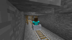 Riding a minecart in Minecraft