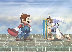 Pit using Mirror Shield and Mario taunting during the stage.