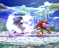 Knuckles' down tilt getting blocked by Ike's shield.