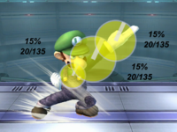 The hitboxes of Luigi's f-smash.