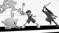 Mr. Game & Watch in his white costume, Kirby in his monochrome costume, Link in his Dark Link costume, and Sora in his Timeless River costume on the stage.