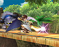 Meta Knight using Dimensional Cape behind Pit.