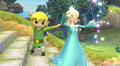 Toon Link and Rosalina on the stairway.