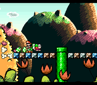 Yoshi laying eggs in Yoshi's Island.