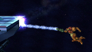 Samus using her grab to recover on to the edge in Brawl.