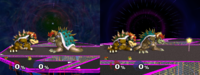 Left: Bowser after eating a Super Mushroom standing across from a normal sized Giga Bowser. Right: Giga Bowser after eating a Poison Mushroom standing in front of a normal sized Bowser.